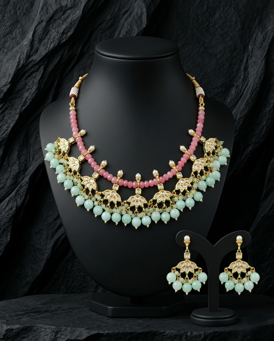 Rosé Mint Kundan Cascade Necklace Set
