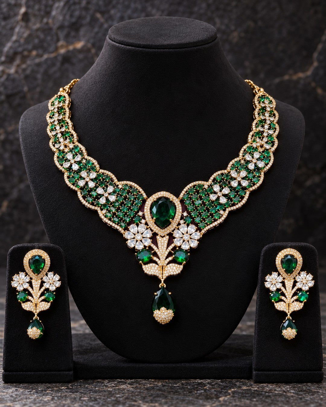 Aadhi Mughal Bloom Necklace Set - Emerald Green view