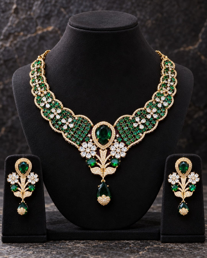 Aadhi Mughal Bloom Necklace Set - Emerald Green view