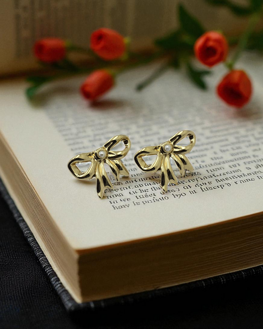Golden Bow With Pearl Earrings