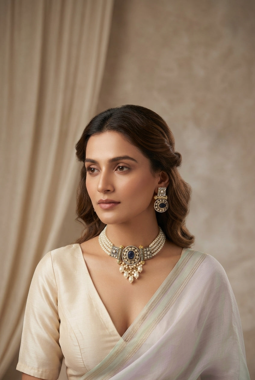 Zestro Luxury Customer Accounts Model - Neelambara Pearl Choker Set - Handcrafted Jewellery