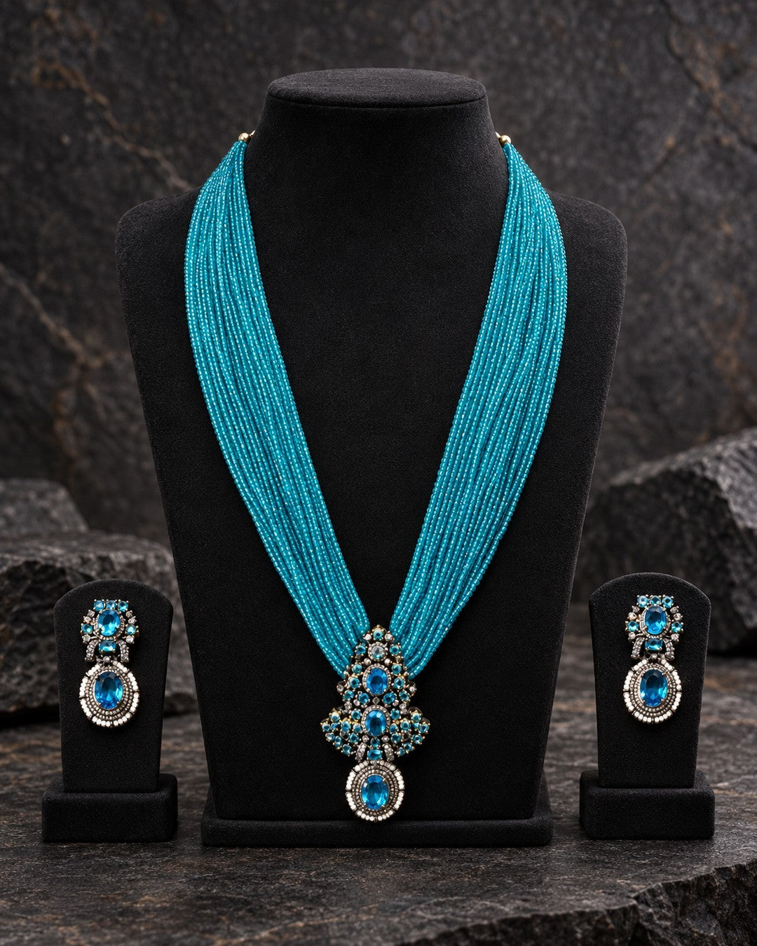 Aarshi Beaded Mala Necklace Set - Blue view