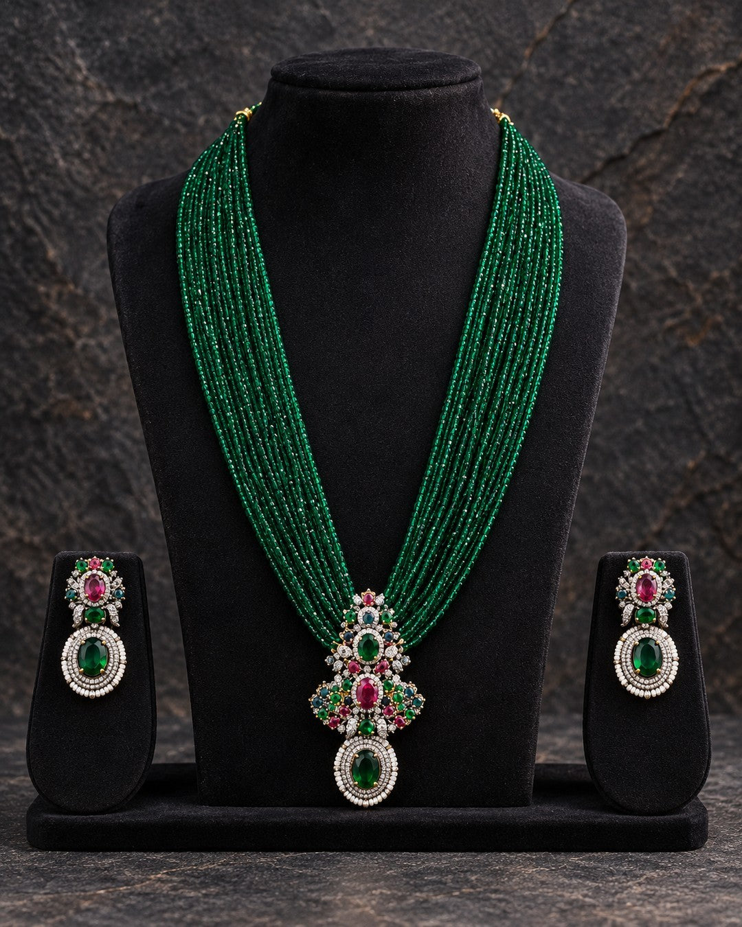 Aarshi Beaded Mala Necklace Set - Green view