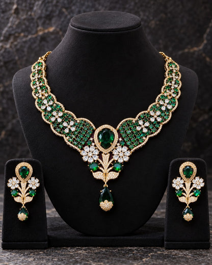 Aadhi Mughal Bloom Necklace Set - Emerald Green view