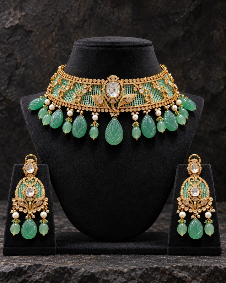 Aarshiya Floral Heritage Choker Set with Statement Drops - Mint Green view