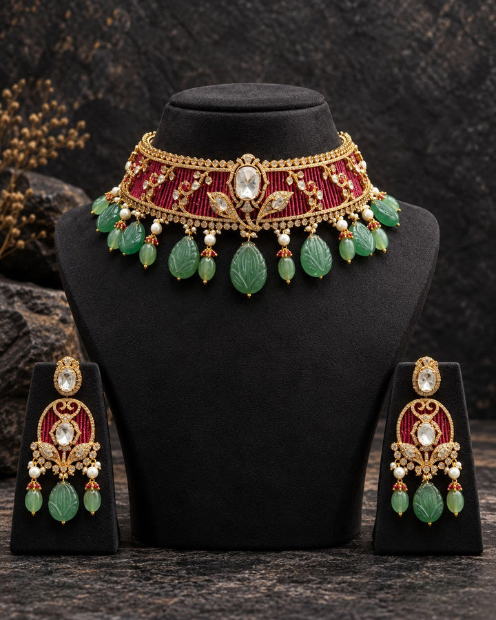 Aarshiya Floral Heritage Choker Set with Statement Drops - Ruby view