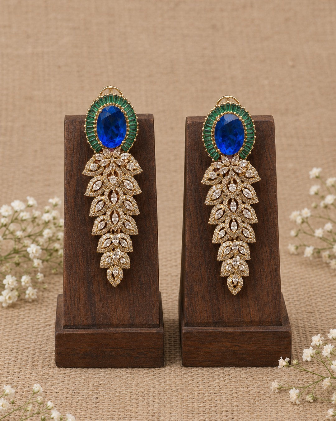 Naira Floral Cascade Statement Earrings - Blue view